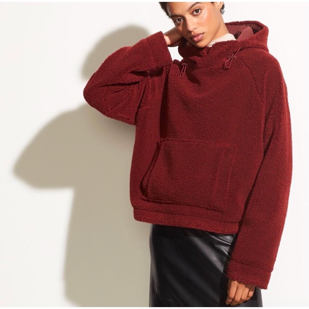 Vince Cozy Pullover Hoodie Small Red Maroon Faux Sherpa Teddy Cropped Sweatshirt - Picture 3 of 16